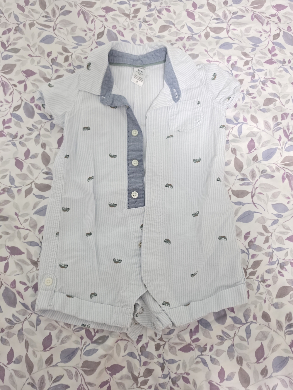 Light Blue Striped Kids Romper with Whale Print 4-9 mos